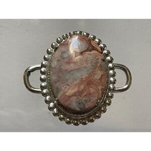 Vintage Mexican Crazy Lace Agate Scarf Slide - Silver Tone Beaded Bezel